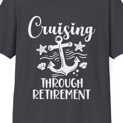 Cruising Through Retirement Nautical Anchor Shirt for Retirees — T-Shirt T-Shirt – Dark Heather Grey – Best Cruise Shirts Close Up