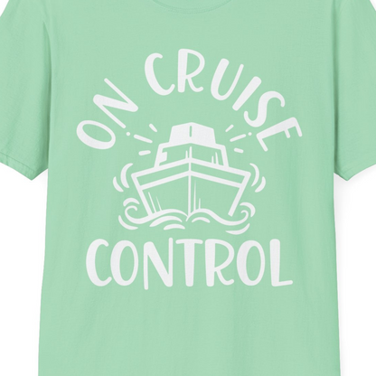 On Cruise Control Nautical Humor Shirt with Bold Ship and Waves — T-Shirt T-Shirt – Mint Green – Best Cruise Shirts Close Up