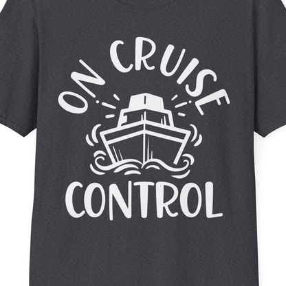 On Cruise Control Nautical Humor Shirt with Bold Ship and Waves — T-Shirt T-Shirt – Dark Heather Grey – Best Cruise Shirts Close Up