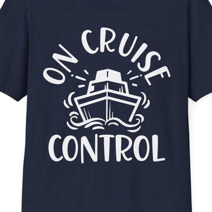 On Cruise Control Nautical Humor Shirt with Bold Ship and Waves — T-Shirt T-Shirt – Navy – Best Cruise Shirts Close Up