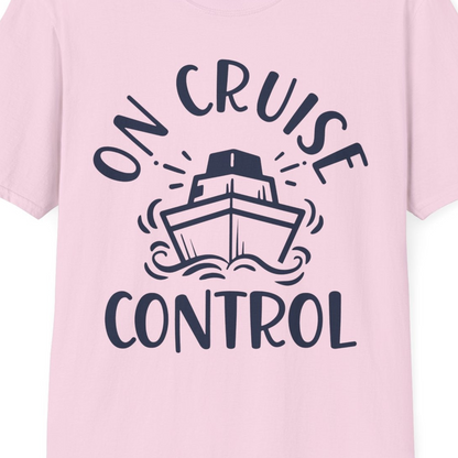 On Cruise Control Nautical Humor Shirt with Bold Ship and Waves — T-Shirt T-Shirt – Light Pink – Best Cruise Shirts Close Up