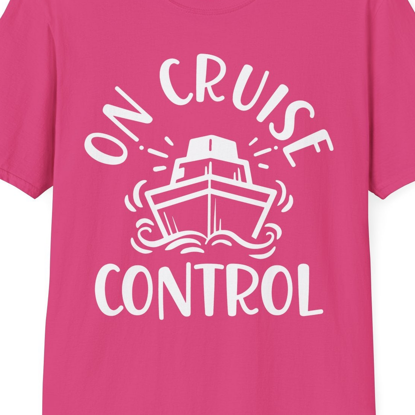 On Cruise Control Nautical Humor Shirt with Bold Ship and Waves — T-Shirt T-Shirt – Heliconia – Best Cruise Shirts Close Up