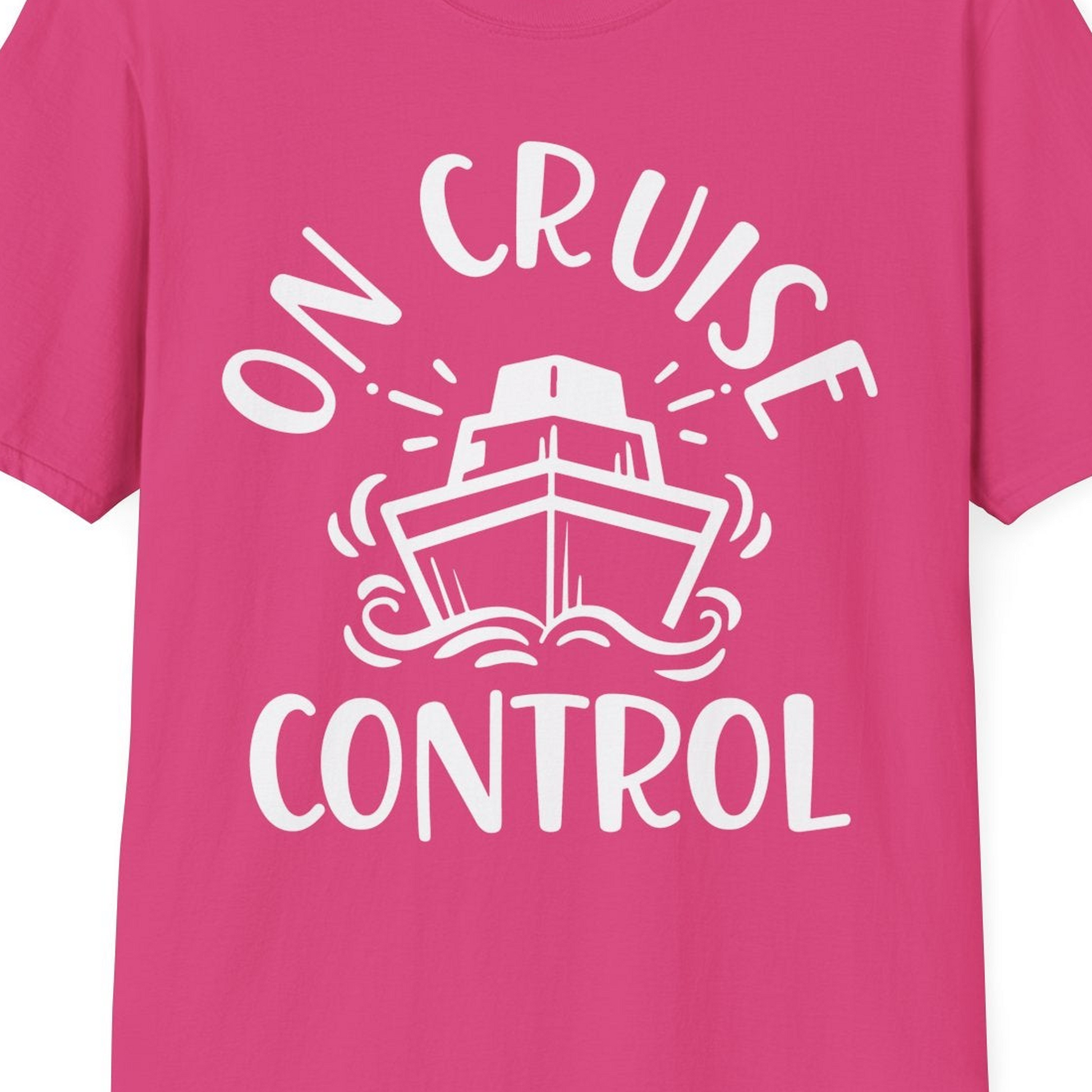On Cruise Control Nautical Humor Shirt with Bold Ship and Waves — T-Shirt T-Shirt – Heliconia – Best Cruise Shirts Close Up
