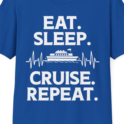 Eat Sleep Cruise Repeat Shirt with Cruise Ship Graphic Bold Text — T-Shirt T-Shirt – Royal – Best Cruise Shirts Close Up