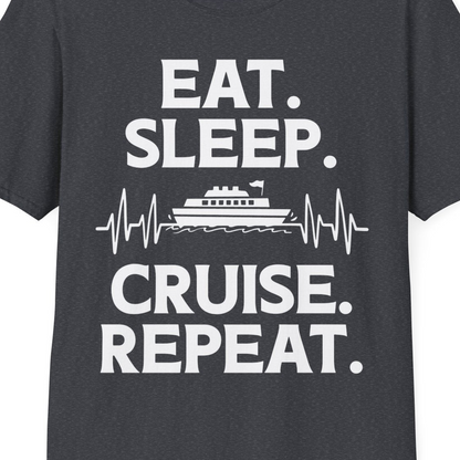 Eat Sleep Cruise Repeat Shirt with Cruise Ship Graphic Bold Text — T-Shirt T-Shirt – Dark Heather Grey – Best Cruise Shirts Close Up