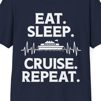 Eat Sleep Cruise Repeat Shirt with Cruise Ship Graphic Bold Text — T-Shirt T-Shirt – Navy – Best Cruise Shirts Close Up