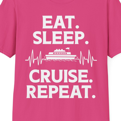 Eat Sleep Cruise Repeat Shirt with Cruise Ship Graphic Bold Text — T-Shirt T-Shirt – Heliconia – Best Cruise Shirts Close Up