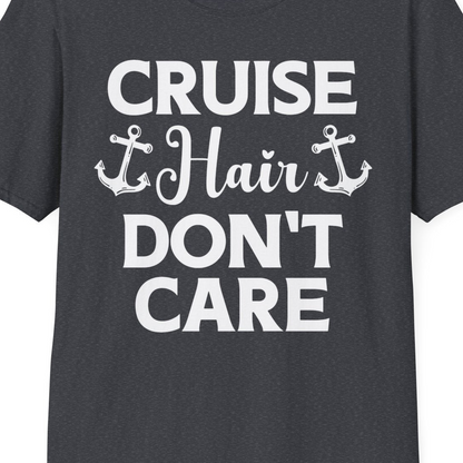 Cruise Hair Don't Care Nautical Anchor Shirt for Cruise Travelers — T-Shirt T-Shirt – Dark Heather Grey – Best Cruise Shirts Close Up