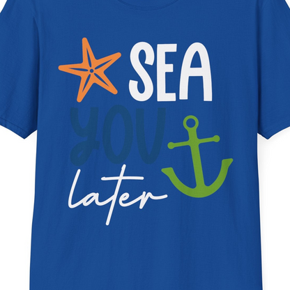 Sea You Later Nautical Pun Shirt with Starfish and Anchor Graphic — T-Shirt T-Shirt – Royal – Best Cruise Shirts Close Up