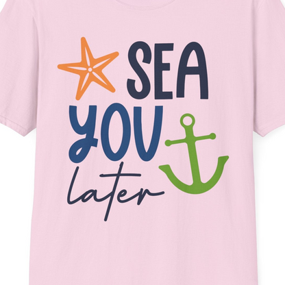 Sea You Later Nautical Pun Shirt with Starfish and Anchor Graphic — T-Shirt T-Shirt – Light Pink – Best Cruise Shirts Close Up