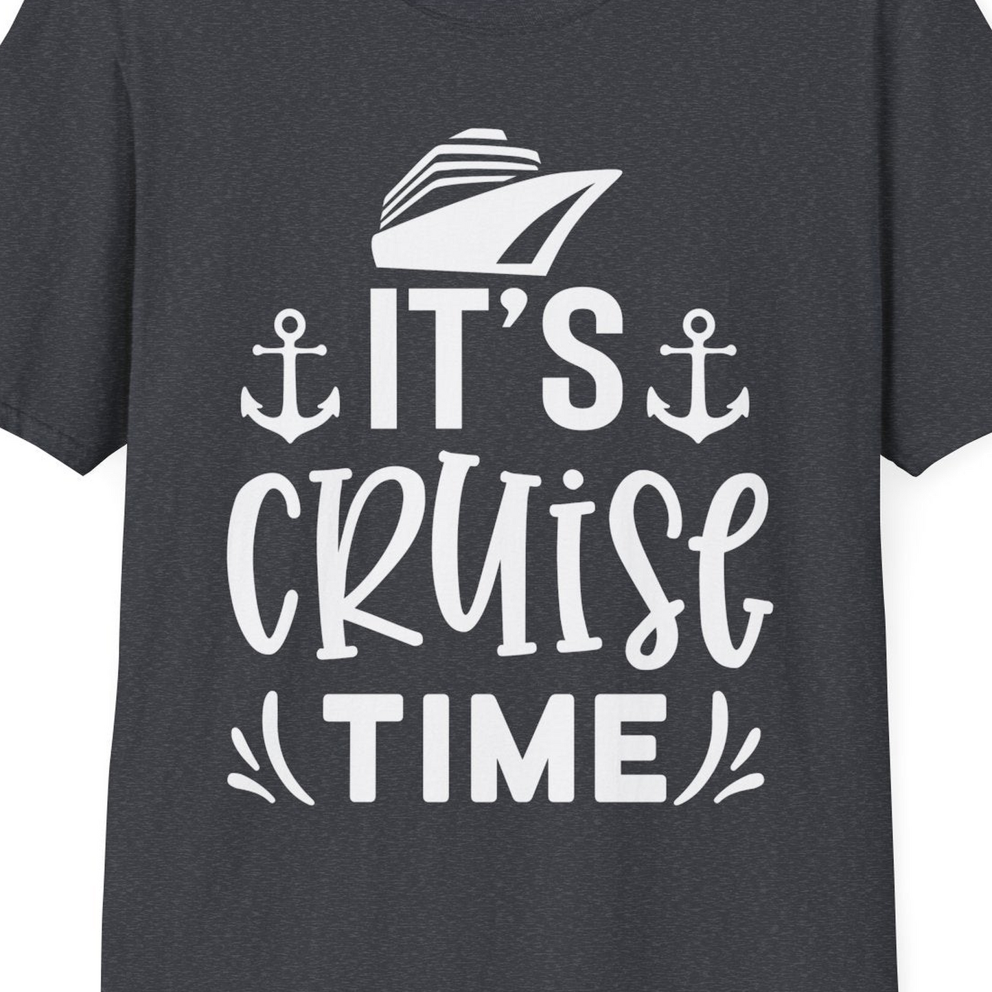 It’s Cruise Time Nautical Shirt With Anchors and Cruise Ship Graphic — T-Shirt T-Shirt – Dark Heather Grey – Best Cruise Shirts Close Up