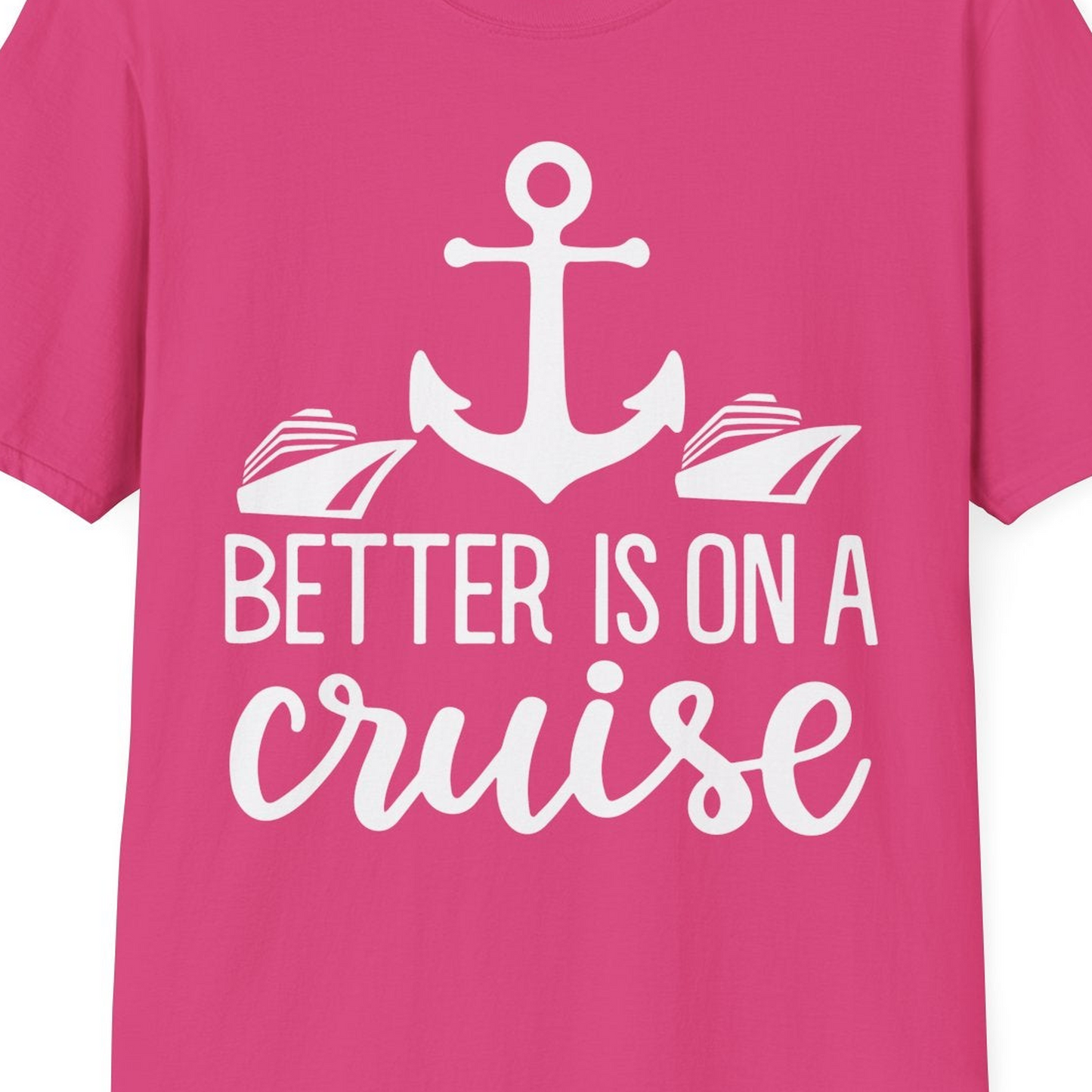 Better Is On a Cruise Nautical Anchor Shirt With Modern Ship Art — T-Shirt T-Shirt – Heliconia – Best Cruise Shirts Close Up