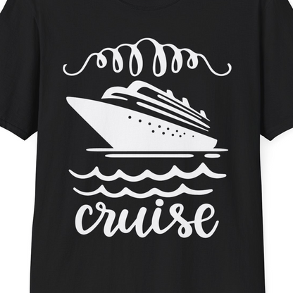 Cruise Ship and Ocean Waves Bold Nautical Graphic Cruise Shirt — T-Shirt T-Shirt – Black – Best Cruise Shirts Close Up