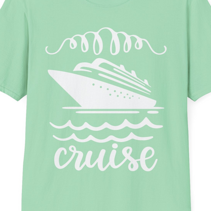 Cruise Ship and Ocean Waves Bold Nautical Graphic Cruise Shirt — T-Shirt T-Shirt – Mint Green – Best Cruise Shirts Close Up