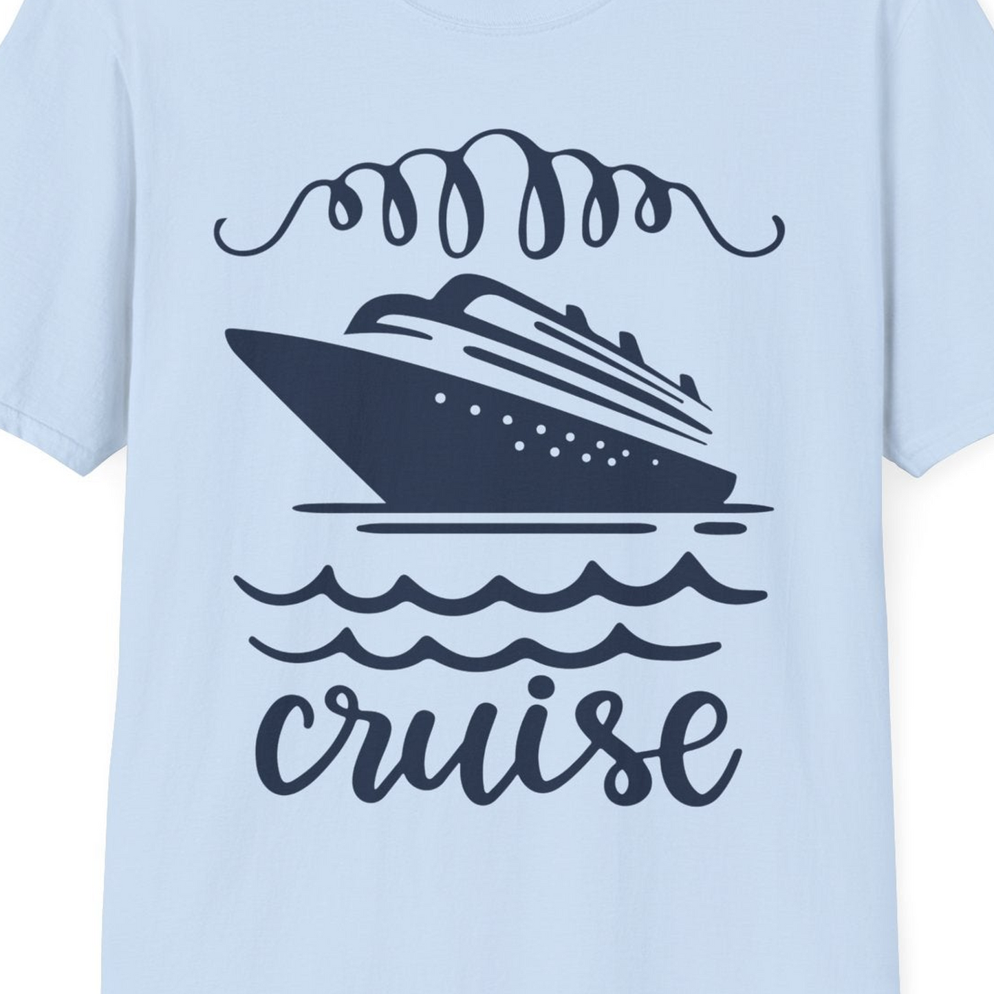 Cruise Ship and Ocean Waves Bold Nautical Graphic Cruise Shirt — T-Shirt T-Shirt – Light Blue – Best Cruise Shirts Close Up