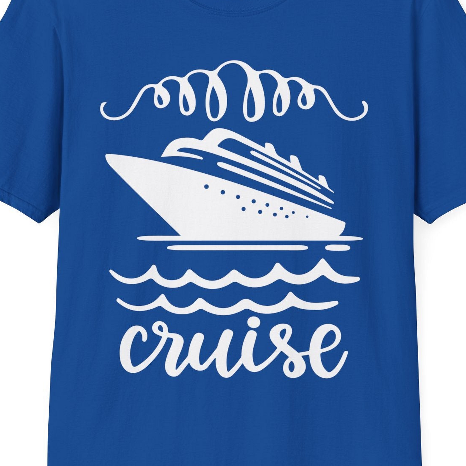 Cruise Ship and Ocean Waves Bold Nautical Graphic Cruise Shirt — T-Shirt T-Shirt – Royal – Best Cruise Shirts Close Up