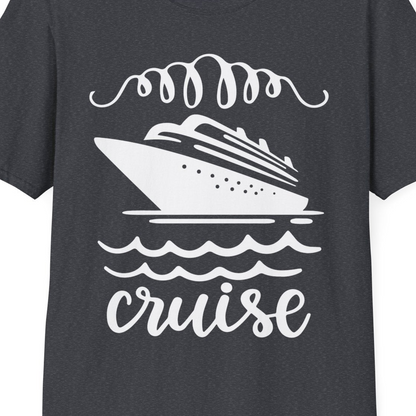 Cruise Ship and Ocean Waves Bold Nautical Graphic Cruise Shirt — T-Shirt T-Shirt – Dark Heather Grey – Best Cruise Shirts Close Up
