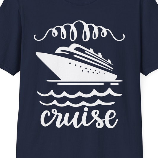 Cruise Ship and Ocean Waves Bold Nautical Graphic Cruise Shirt — T-Shirt T-Shirt – Navy – Best Cruise Shirts Close Up