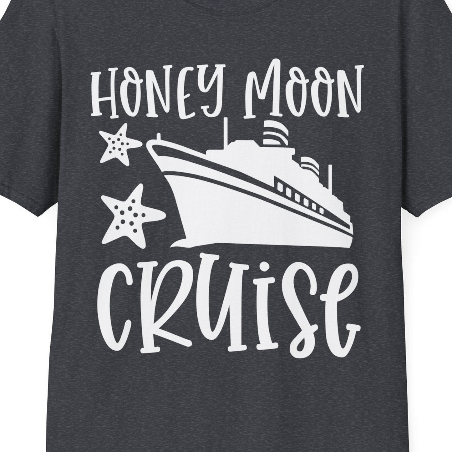 Honeymoon Cruise Shirt T-Shirt – Dark Heather Grey – Best Cruise Shirts Close Up