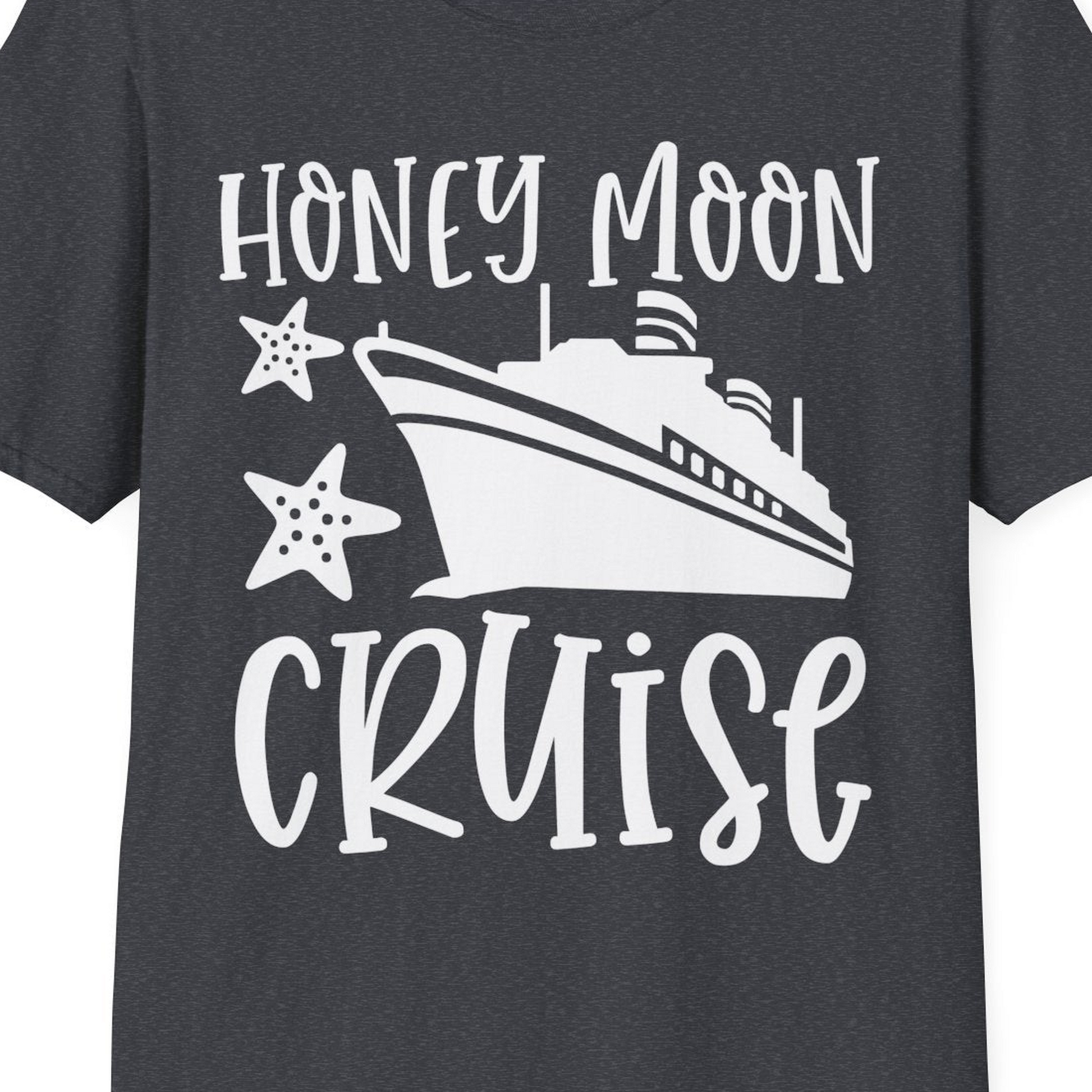Honeymoon Cruise Shirt T-Shirt – Dark Heather Grey – Best Cruise Shirts Close Up