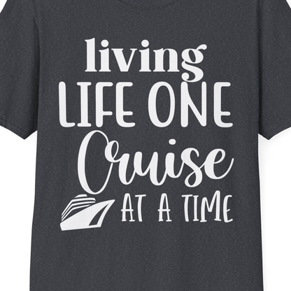 Living Life One Cruise at a Time Shirt T-Shirt – Dark Heather Grey – Best Cruise Shirts Close Up