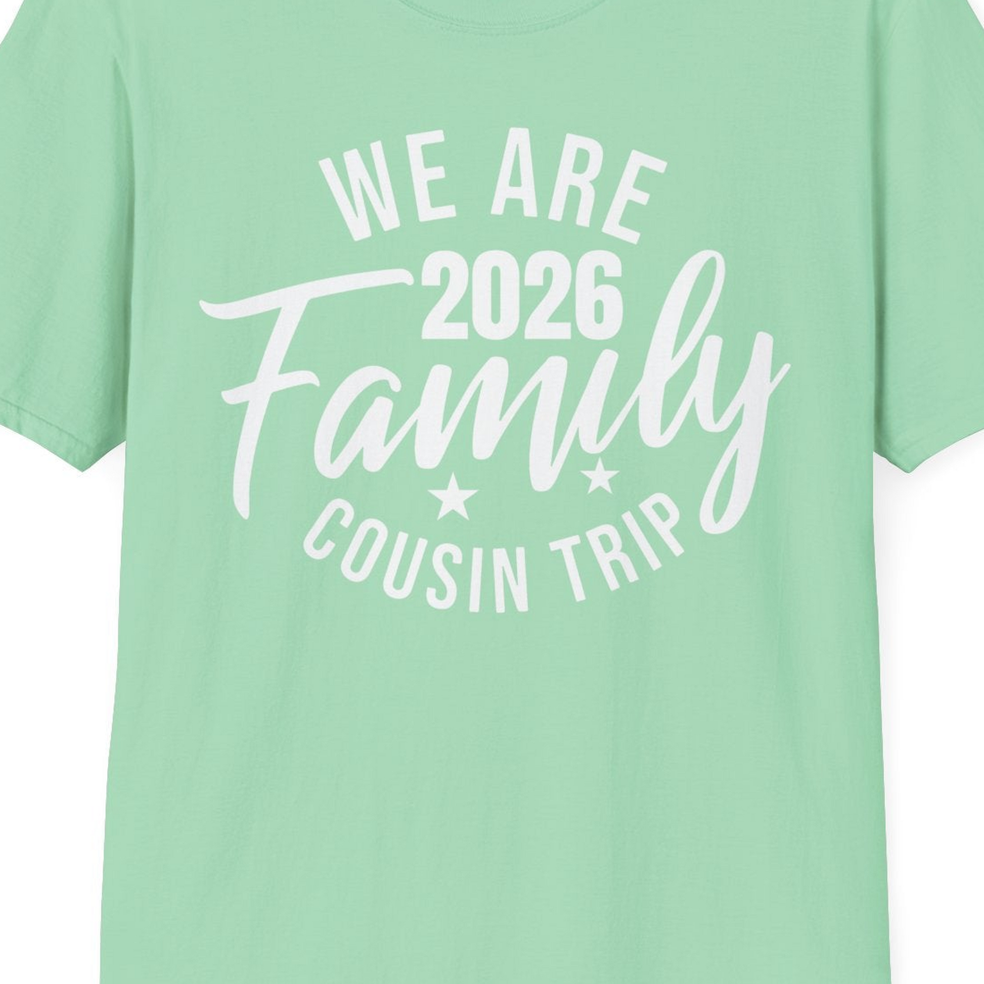 We Are Family 2026 Cousin Trip Reunion Group Shirt — T-Shirt T-Shirt – Mint Green – Best Cruise Shirts Close Up