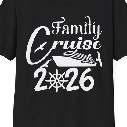 Family Cruise 2026 Shirt with Cruise Ship and Seagulls Graphic — T-Shirt T-Shirt – Black – Best Cruise Shirts Close Up