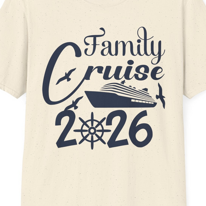 Family Cruise 2026 Shirt with Cruise Ship and Seagulls Graphic — T-Shirt T-Shirt – Natural – Best Cruise Shirts Close Up