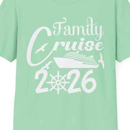 Family Cruise 2026 Shirt with Cruise Ship and Seagulls Graphic — T-Shirt T-Shirt – Mint Green – Best Cruise Shirts Close Up