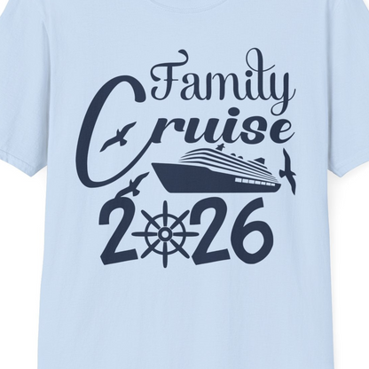 Family Cruise 2026 Shirt with Cruise Ship and Seagulls Graphic — T-Shirt T-Shirt – Light Blue – Best Cruise Shirts Close Up