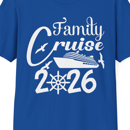 Family Cruise 2026 Shirt with Cruise Ship and Seagulls Graphic — T-Shirt T-Shirt – Royal – Best Cruise Shirts Close Up
