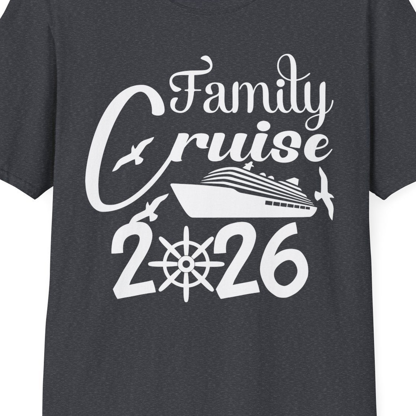 Family Cruise 2026 Shirt with Cruise Ship and Seagulls Graphic — T-Shirt T-Shirt – Dark Heather Grey – Best Cruise Shirts Close Up