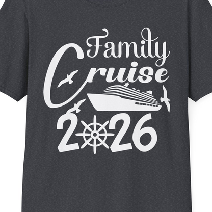 Family Cruise 2026 Shirt with Cruise Ship and Seagulls Graphic — T-Shirt T-Shirt – Dark Heather Grey – Best Cruise Shirts Close Up