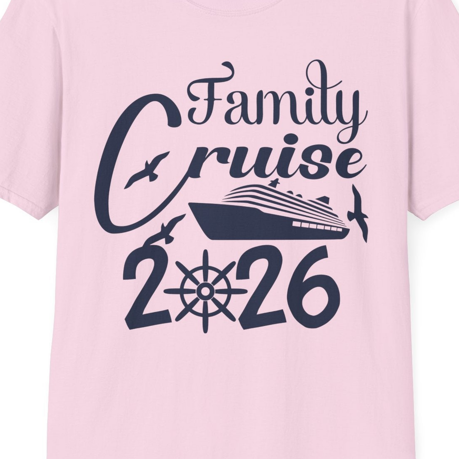 Family Cruise 2026 Shirt with Cruise Ship and Seagulls Graphic — T-Shirt T-Shirt – Light Pink – Best Cruise Shirts Close Up