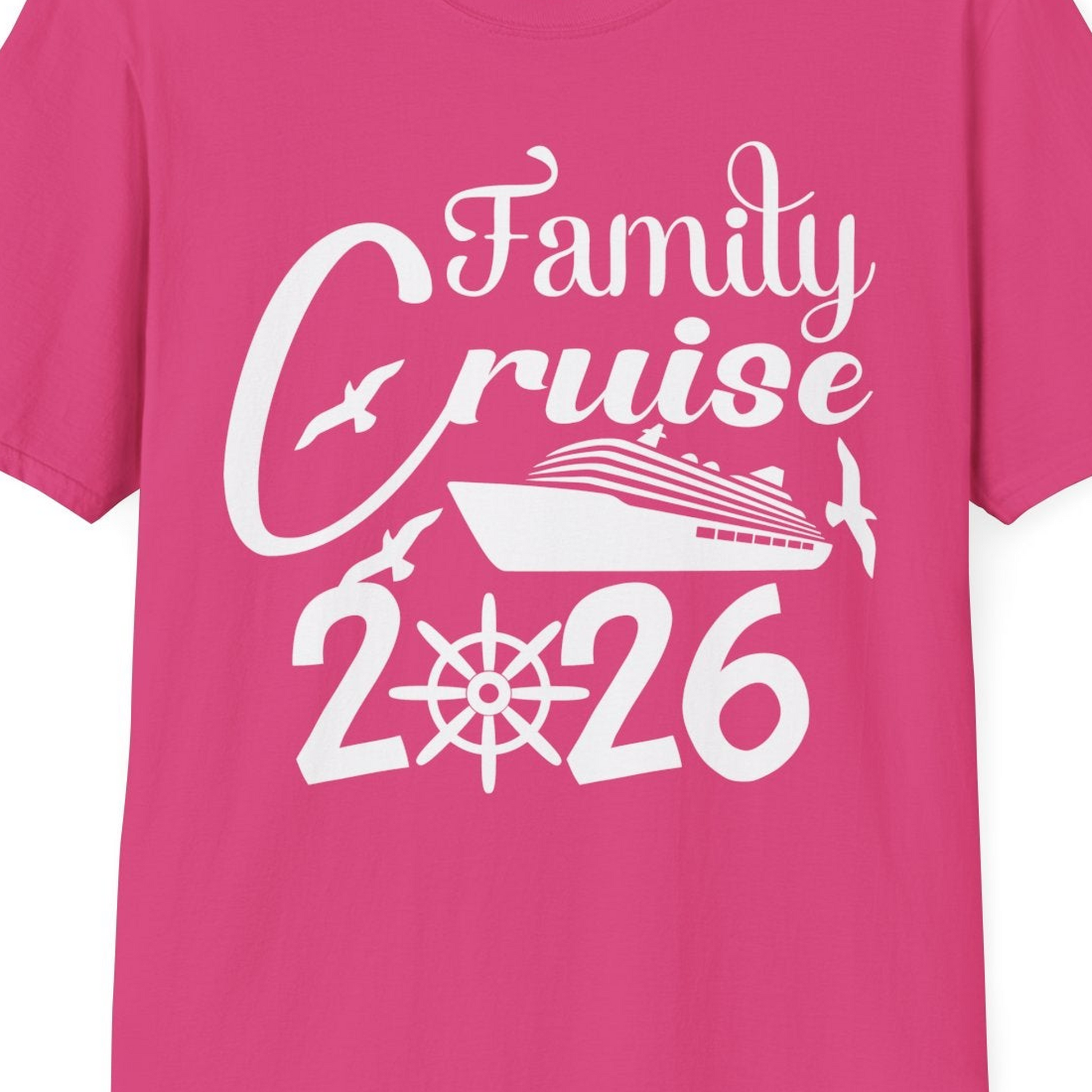 Family Cruise 2026 Shirt with Cruise Ship and Seagulls Graphic — T-Shirt T-Shirt – Heliconia – Best Cruise Shirts Close Up