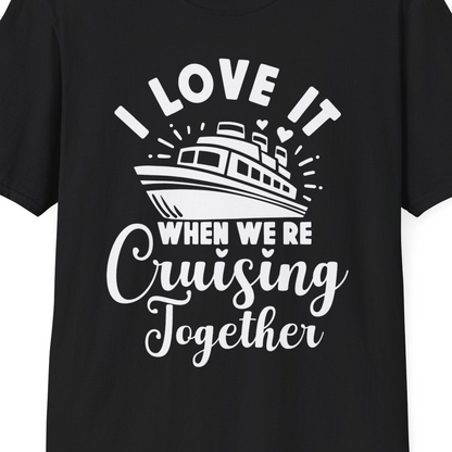 Romantic Cruise Ship Cruising Together Shirt With Hearts Design — T-Shirt T-Shirt – Black – Best Cruise Shirts Close Up