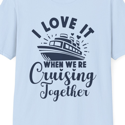 Romantic Cruise Ship Cruising Together Shirt With Hearts Design — T-Shirt T-Shirt – Light Blue – Best Cruise Shirts Close Up