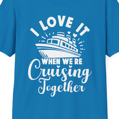Romantic Cruise Ship Cruising Together Shirt With Hearts Design — T-Shirt T-Shirt – Sapphire – Best Cruise Shirts Close Up
