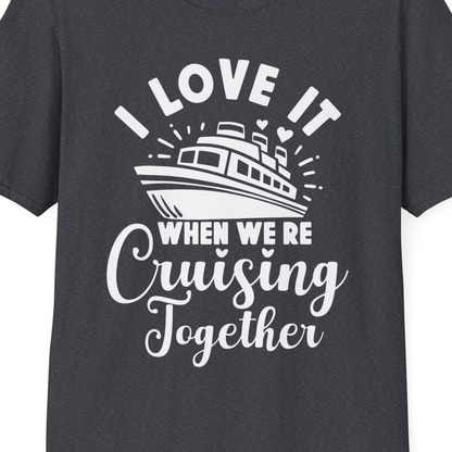Romantic Cruise Ship Cruising Together Shirt With Hearts Design — T-Shirt T-Shirt – Dark Heather Grey – Best Cruise Shirts Close Up