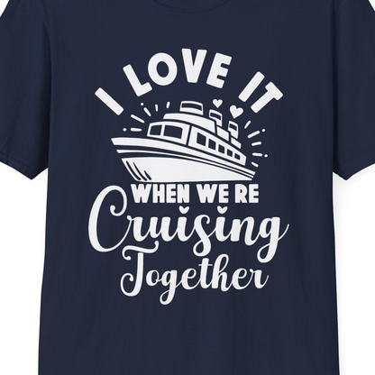 Romantic Cruise Ship Cruising Together Shirt With Hearts Design — T-Shirt T-Shirt – Navy – Best Cruise Shirts Close Up