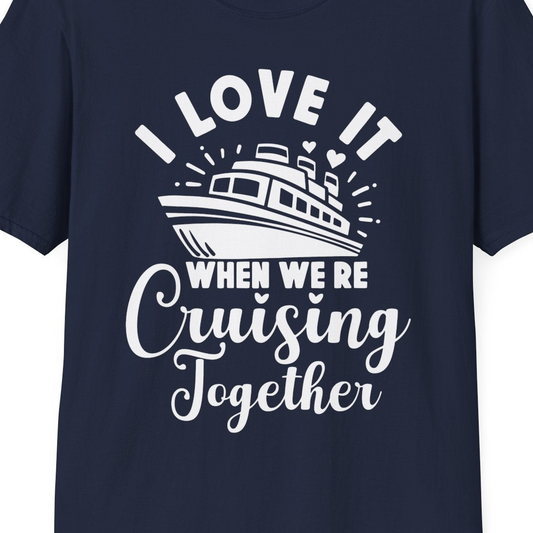 Romantic Cruise Ship Cruising Together Shirt With Hearts Design — T-Shirt T-Shirt – Navy – Best Cruise Shirts Close Up