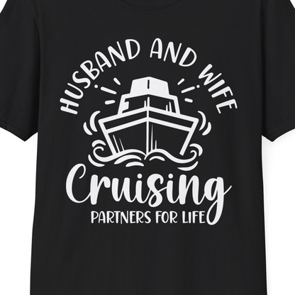 Husband and Wife Cruising Partners for Life Nautical Couples Shirt — T-Shirt T-Shirt – Black – Best Cruise Shirts Close Up