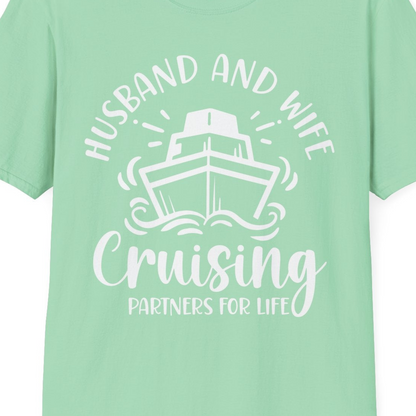 Husband and Wife Cruising Partners for Life Nautical Couples Shirt — T-Shirt T-Shirt – Mint Green – Best Cruise Shirts Close Up