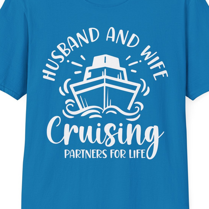Husband and Wife Cruising Partners for Life Nautical Couples Shirt — T-Shirt T-Shirt – Sapphire – Best Cruise Shirts Close Up