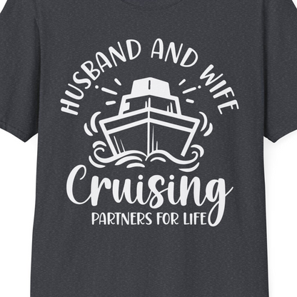 Husband and Wife Cruising Partners for Life Nautical Couples Shirt — T-Shirt T-Shirt – Dark Heather Grey – Best Cruise Shirts Close Up