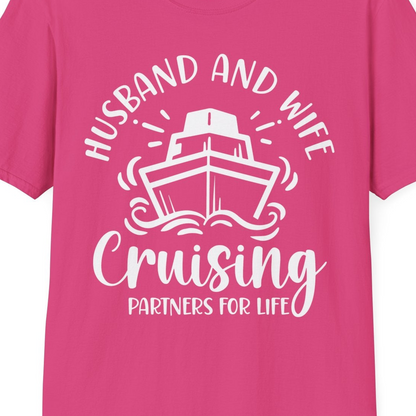 Husband and Wife Cruising Partners for Life Nautical Couples Shirt — T-Shirt T-Shirt – Heliconia – Best Cruise Shirts Close Up