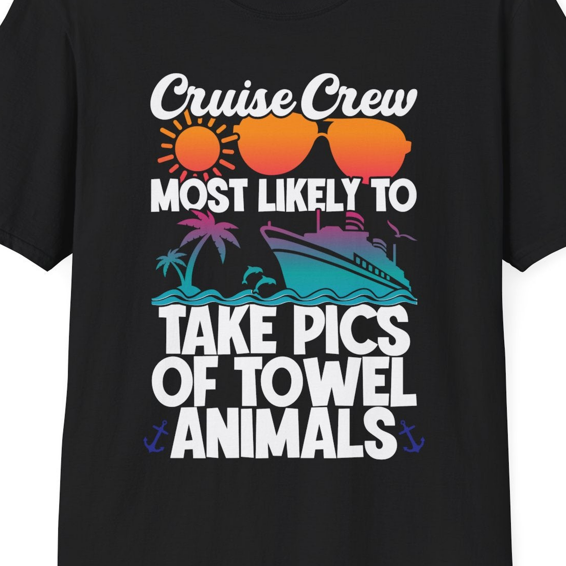 Cruise Crew Towel Animal Photo Squad Tropical Sunset Shirt — T-Shirt T-Shirt – Black – Best Cruise Shirts Close Up