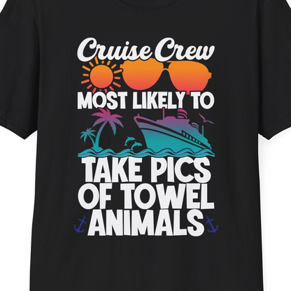 Cruise Crew Towel Animal Photo Squad Tropical Sunset Shirt — T-Shirt T-Shirt – Black – Best Cruise Shirts Close Up