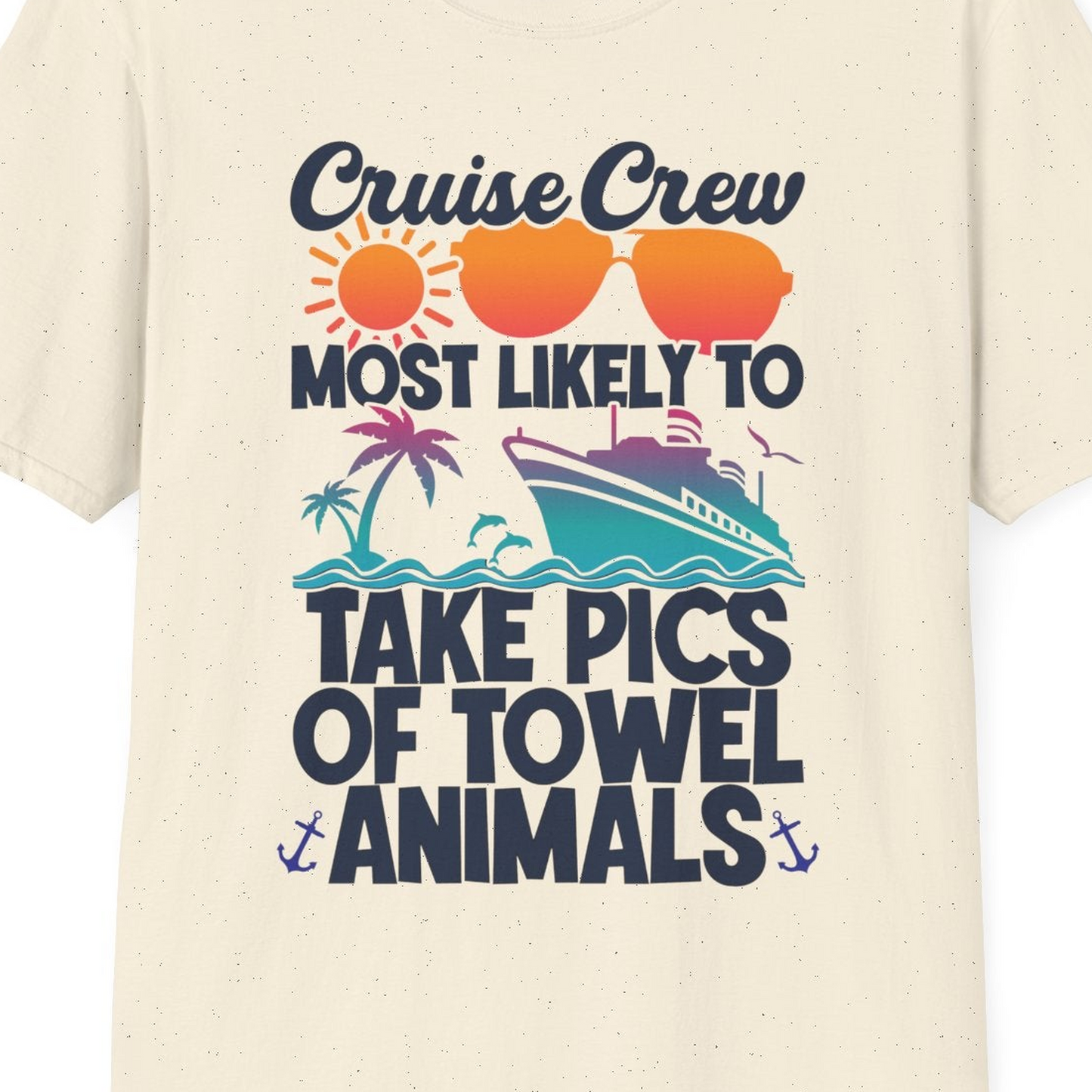 Cruise Crew Towel Animal Photo Squad Tropical Sunset Shirt — T-Shirt T-Shirt – Natural – Best Cruise Shirts Close Up