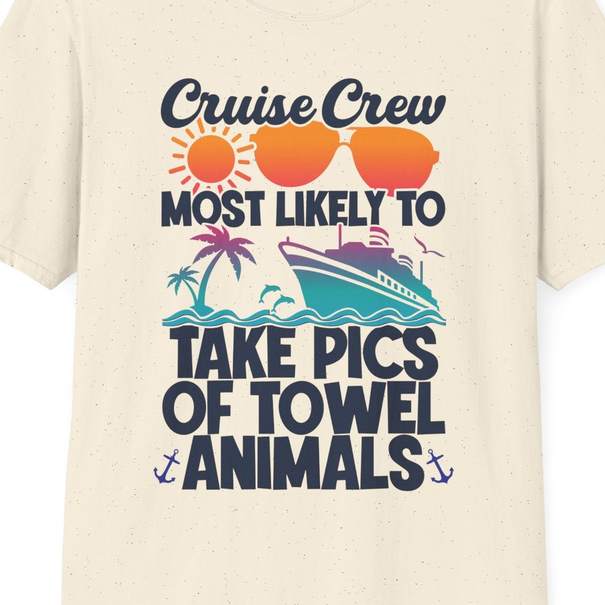 Cruise Crew Towel Animal Photo Squad Tropical Sunset Shirt — T-Shirt T-Shirt – Natural – Best Cruise Shirts Close Up